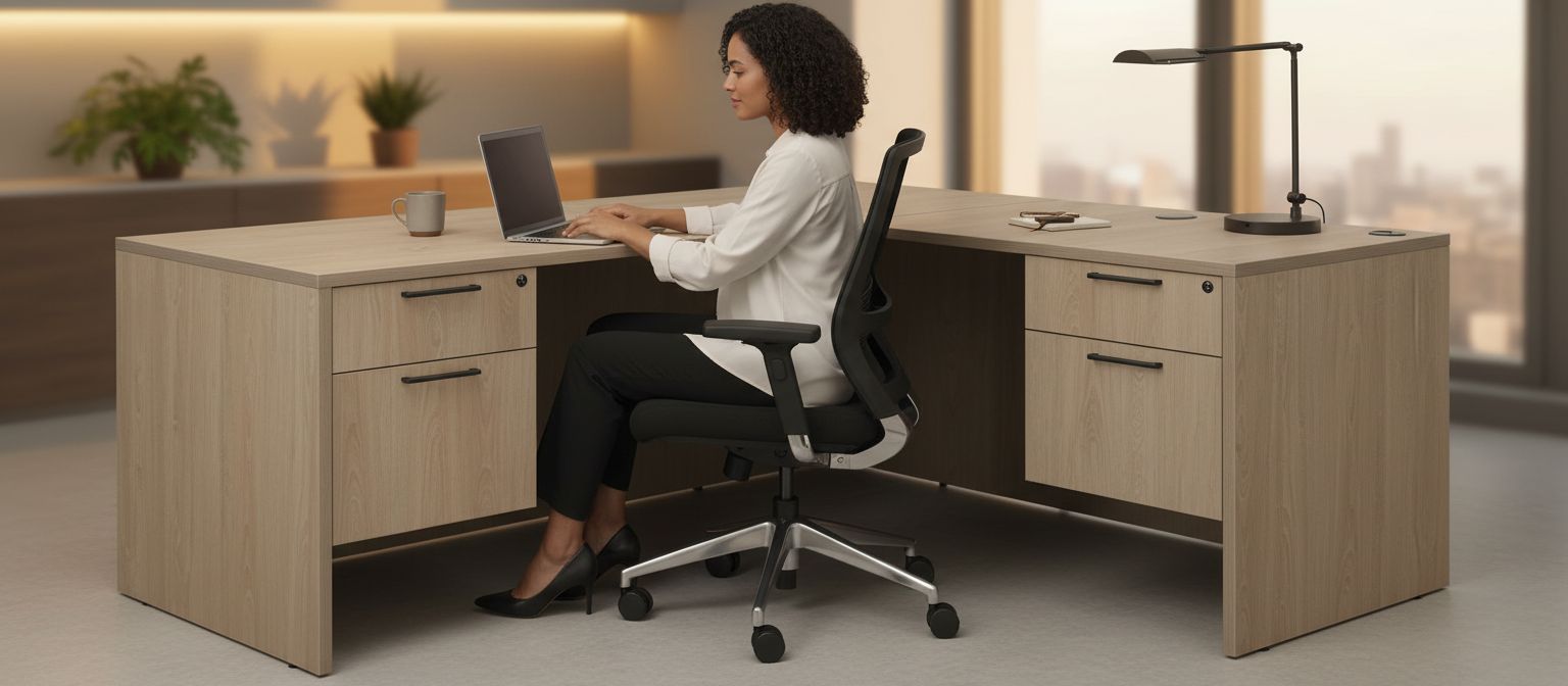 Large L-shaped desk with double pedestal drawer unit in noble oak finish, front view — view 1