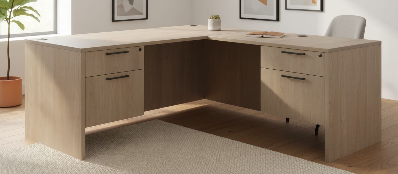 Large L-shaped desk with double pedestal drawer unit in noble oak finish, front view — view 3