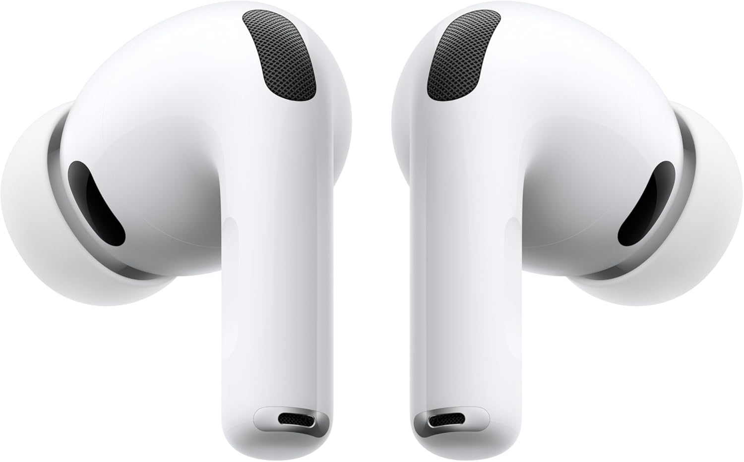Apple AirPods Pro 3 wireless earbuds with charging case, premium white finish, showing in-ear design and USB-C charging port โ front