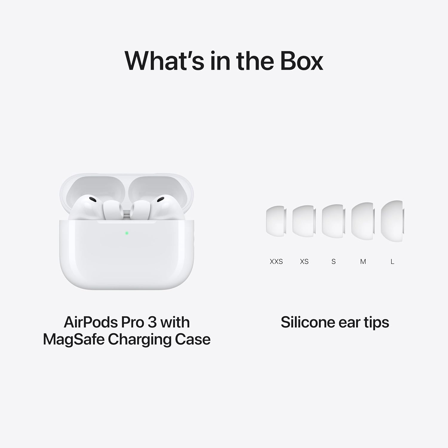 Apple AirPods Pro 3 wireless earbuds with charging case, premium white finish, showing in-ear design and USB-C charging port — view 3