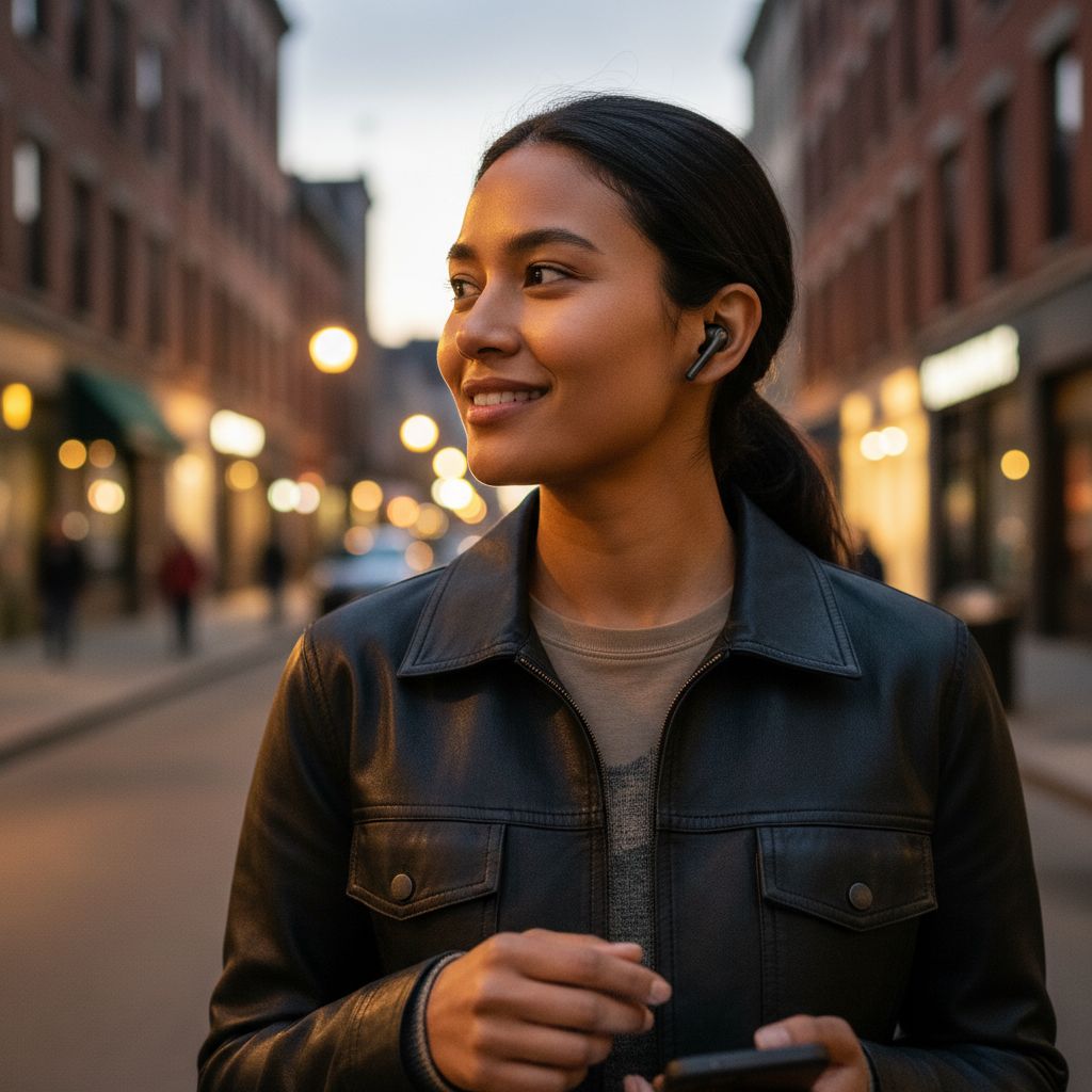 Apple AirPods Pro 3 wireless earbuds with charging case, premium white finish, showing in-ear design and USB-C charging port โ view 2