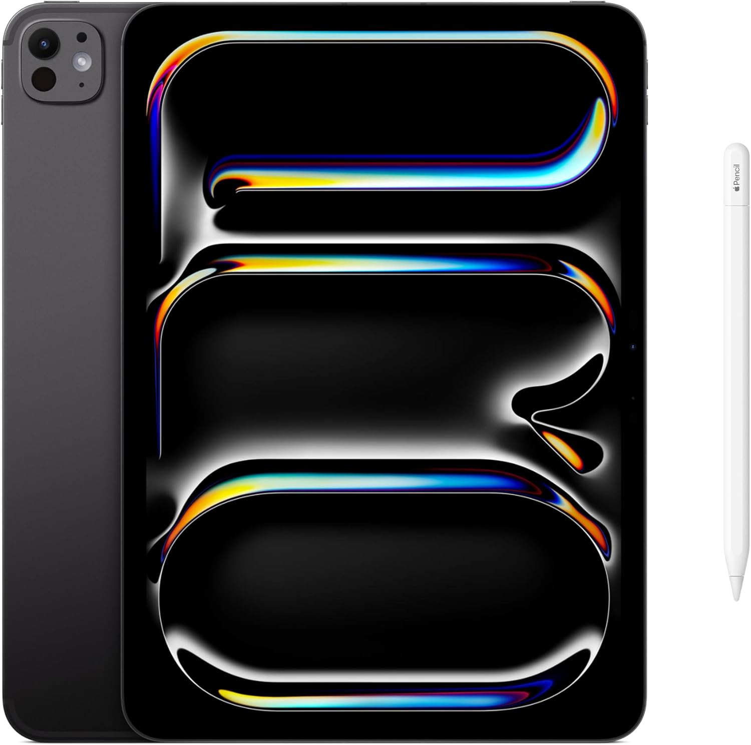 Apple iPad Pro 11-inch M5 tablet with Ultra Retina XDR display in space black, front and back view showing 12MP cameras and LiDAR scanner — view 4