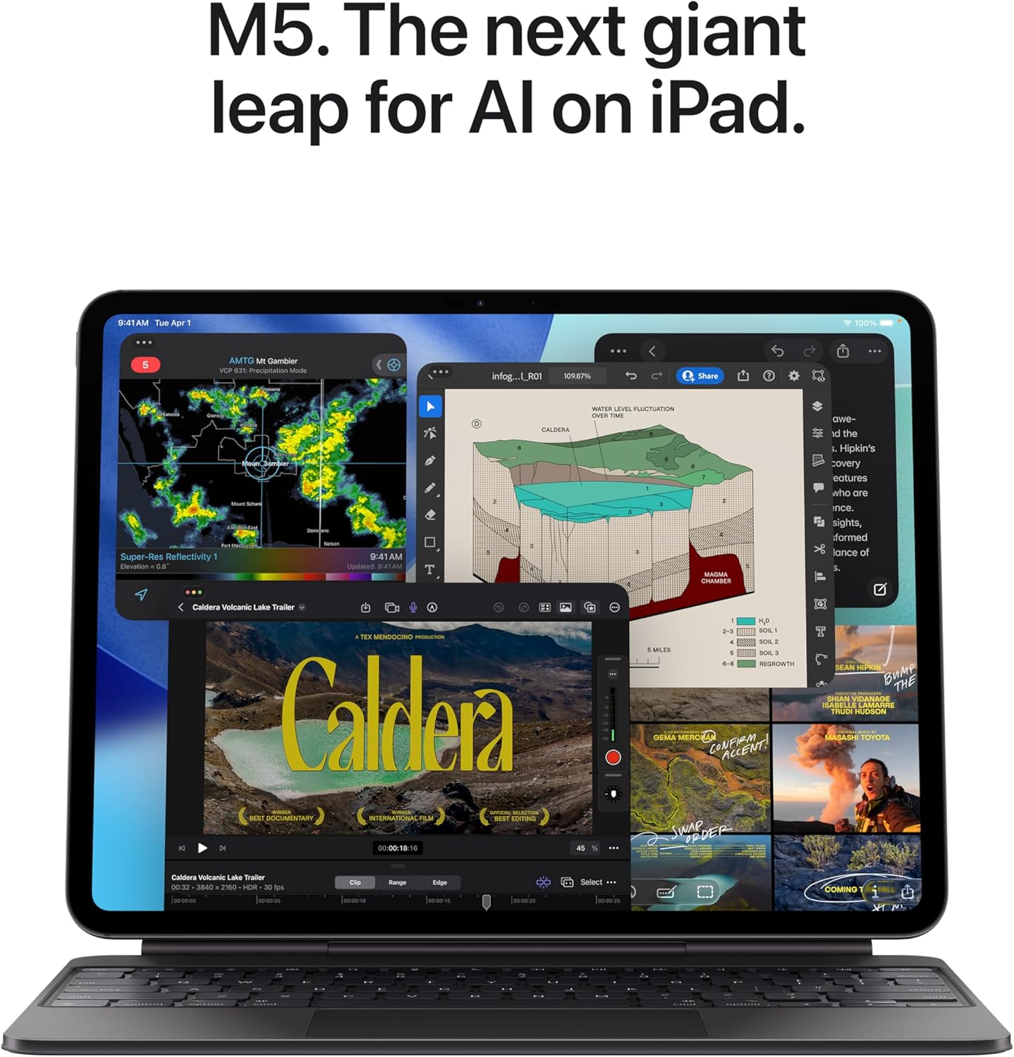 Apple iPad Pro 13-inch with Ultra Retina XDR display, space black finish, shown in landscape orientation with front and back cameras visible — view 3