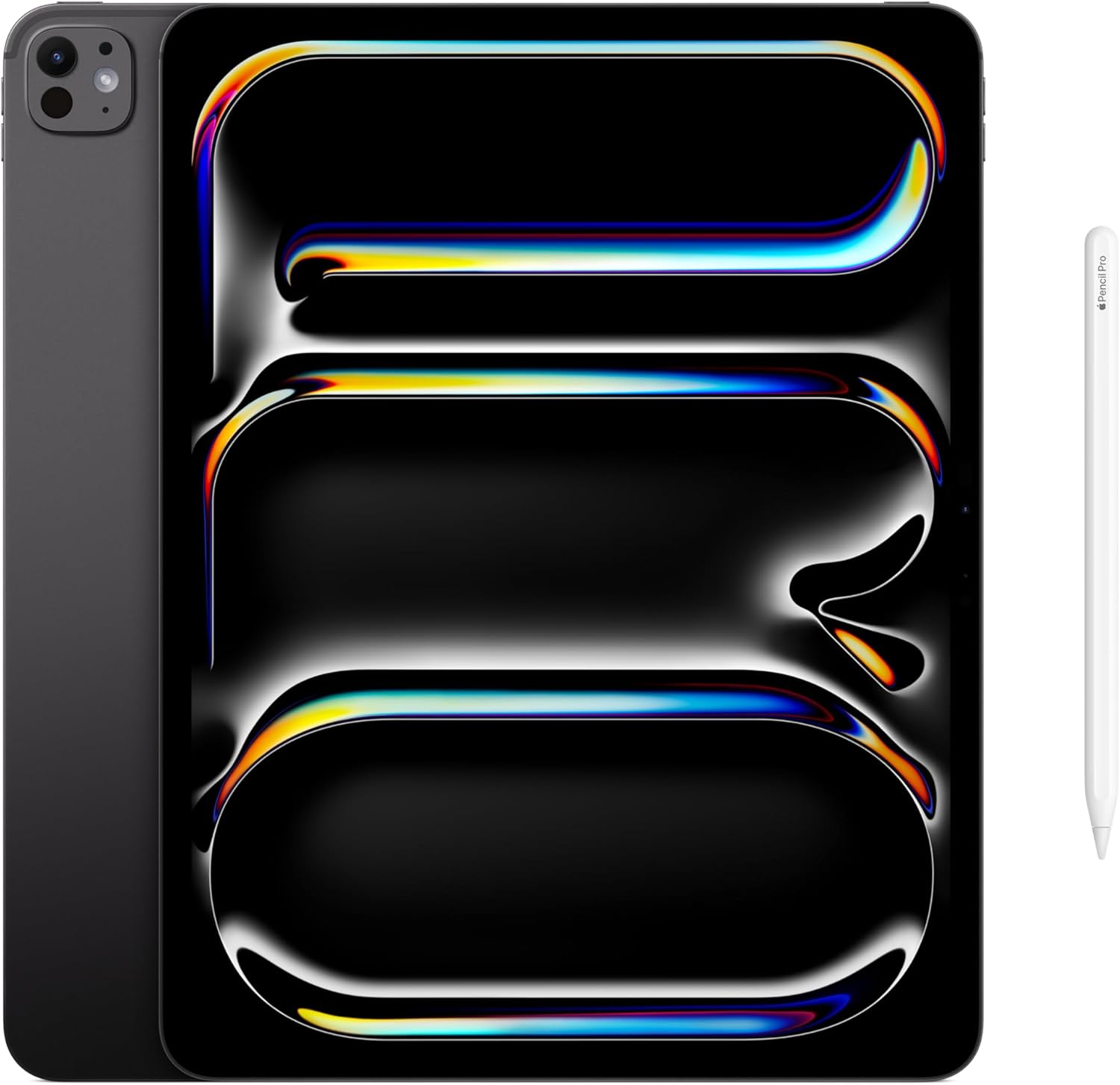 Apple iPad Pro 13-inch tablet with Ultra Retina XDR display in Space Black, shown from front and back angles displaying 12MP cameras — view 5