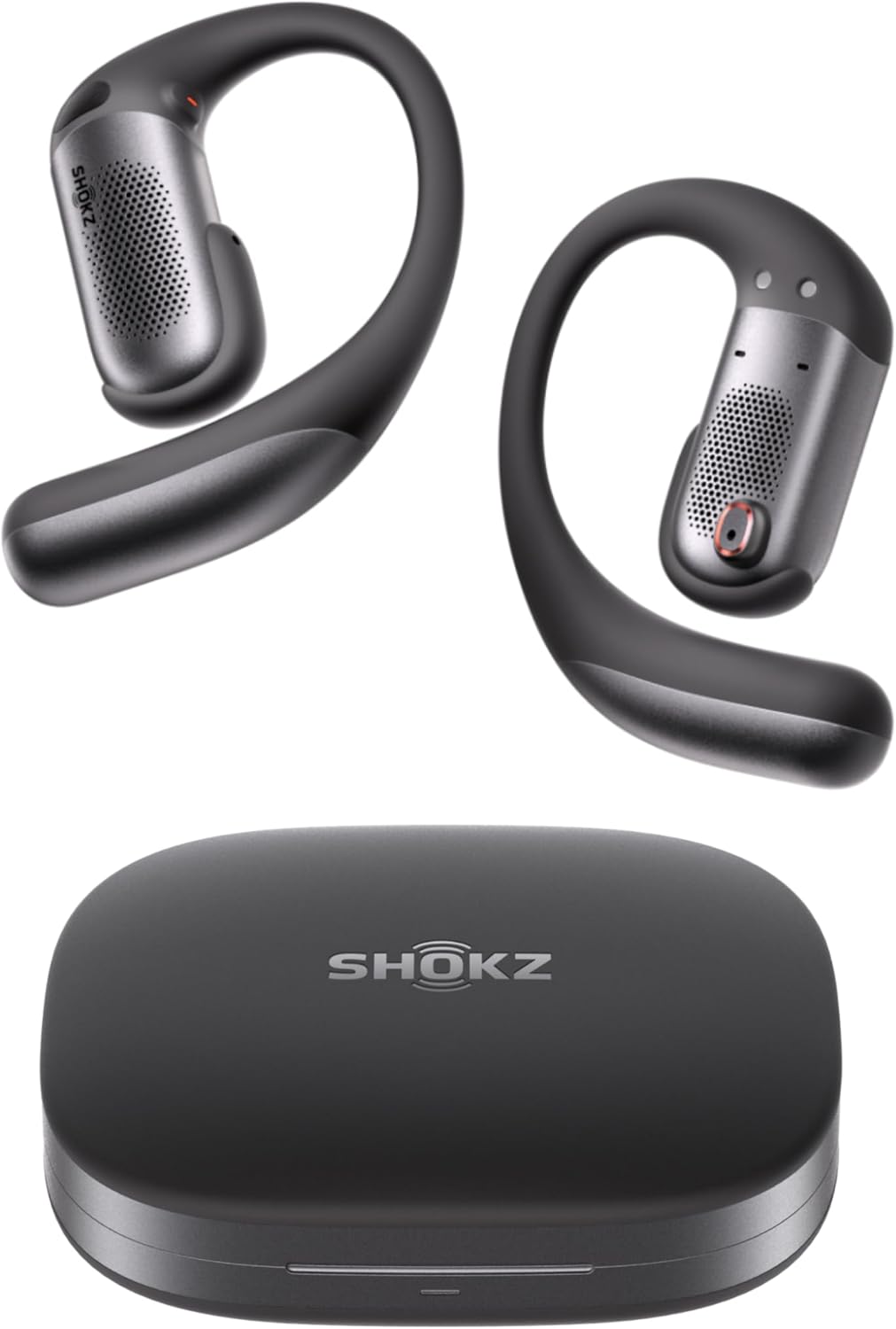 Open-ear wireless earbuds in sleek black finish, showing charging case and multiple angles — view 1