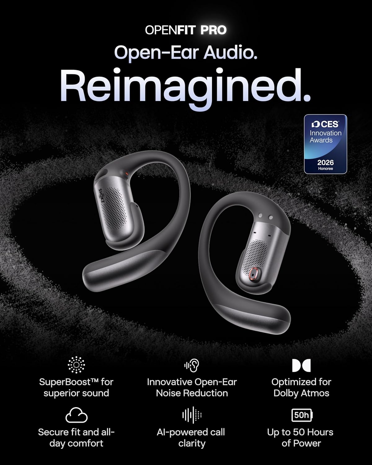 Open-ear wireless earbuds in sleek black finish, showing charging case and multiple angles — view 2