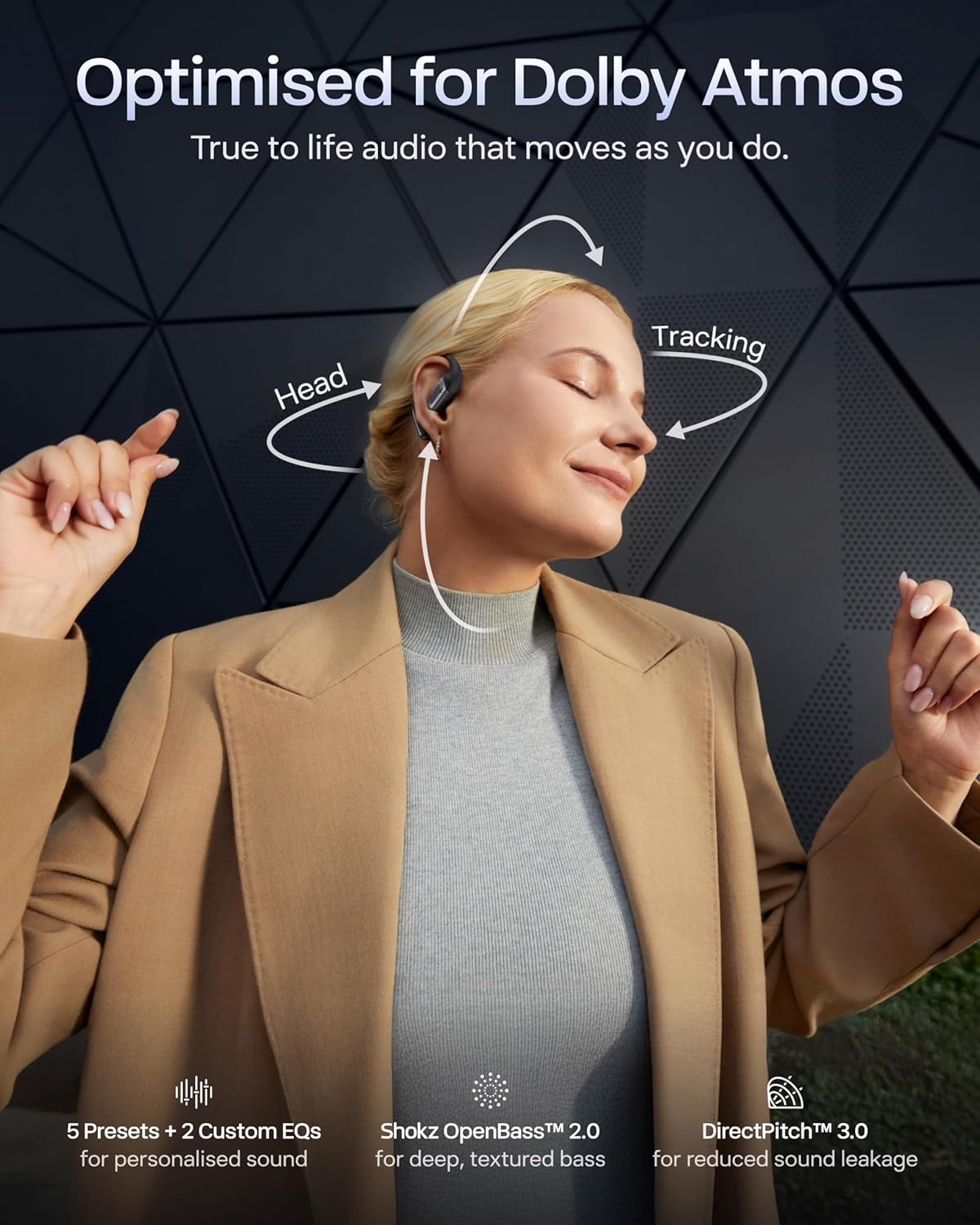 Open-ear wireless earbuds in sleek black finish, showing charging case and multiple angles — view 4