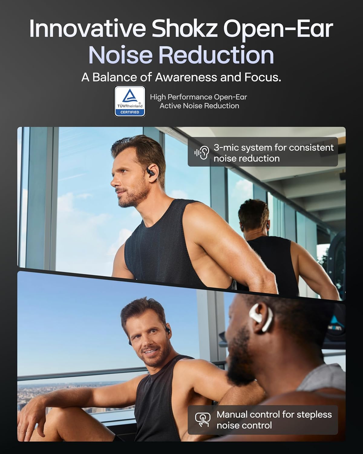 Open-ear wireless earbuds in sleek black finish, showing charging case and multiple angles — view 2