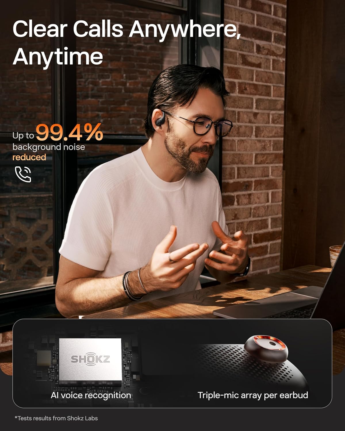 Open-ear wireless earbuds in sleek black finish, showing charging case and multiple angles — view 4