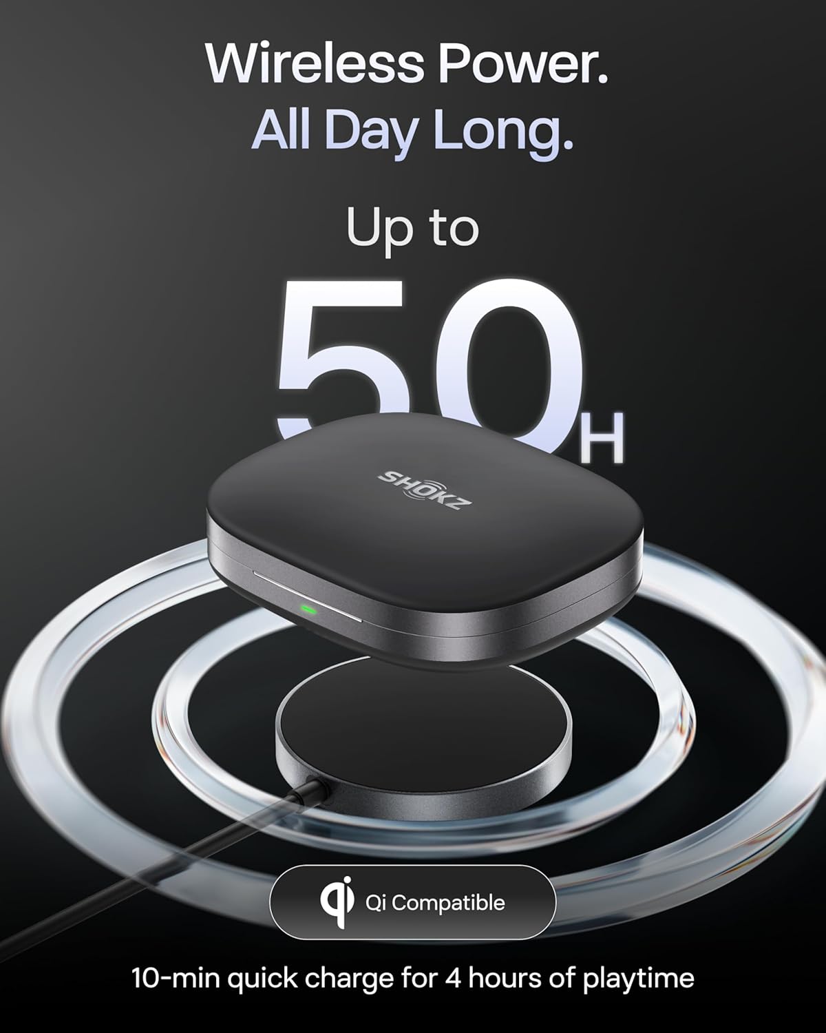 Open-ear wireless earbuds in sleek black finish, showing charging case and multiple angles — view 5
