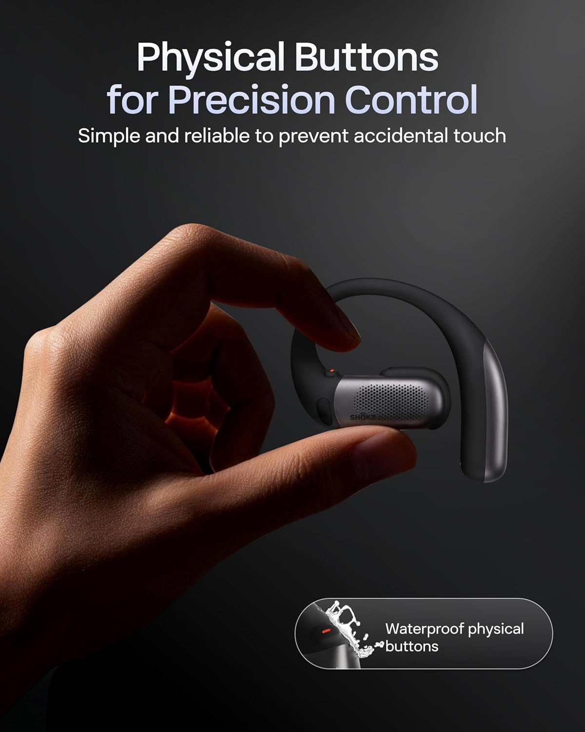 Open-ear wireless earbuds in sleek black finish, showing charging case and multiple angles — view 3a