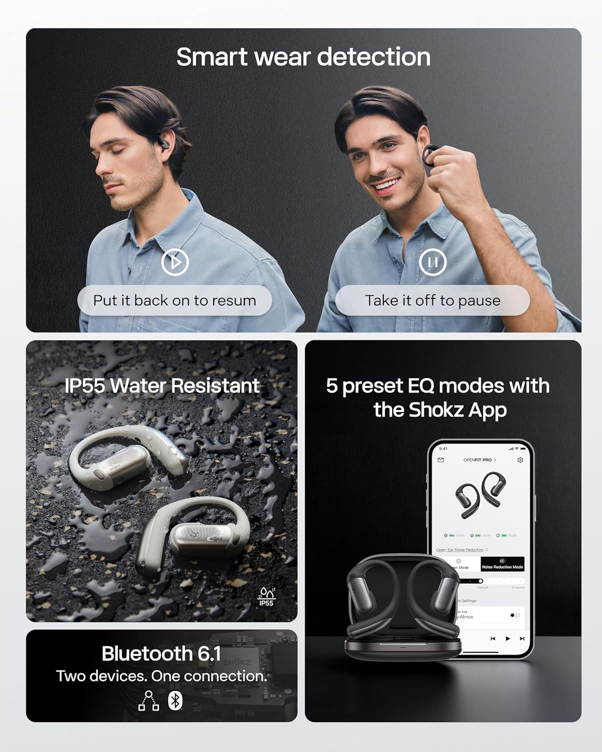 Open-ear wireless earbuds in sleek black finish, showing charging case and multiple angles — view 3b