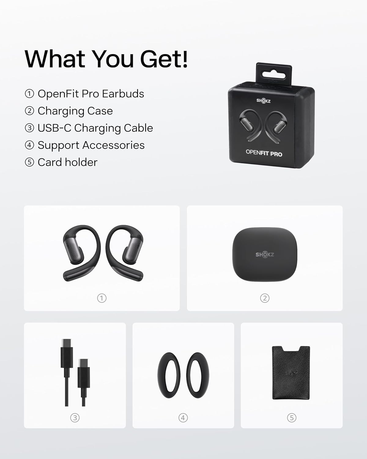 Open-ear wireless earbuds in sleek black finish, showing charging case and multiple angles — view 4