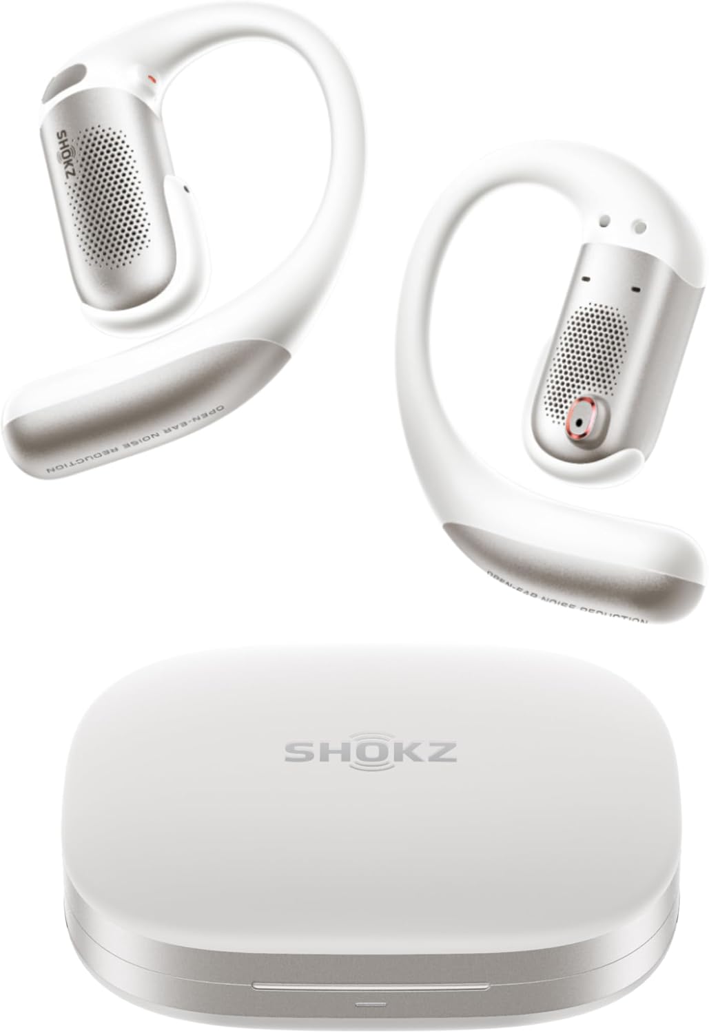Open-ear wireless earbuds in sleek black finish, showing charging case and multiple angles — view 5a