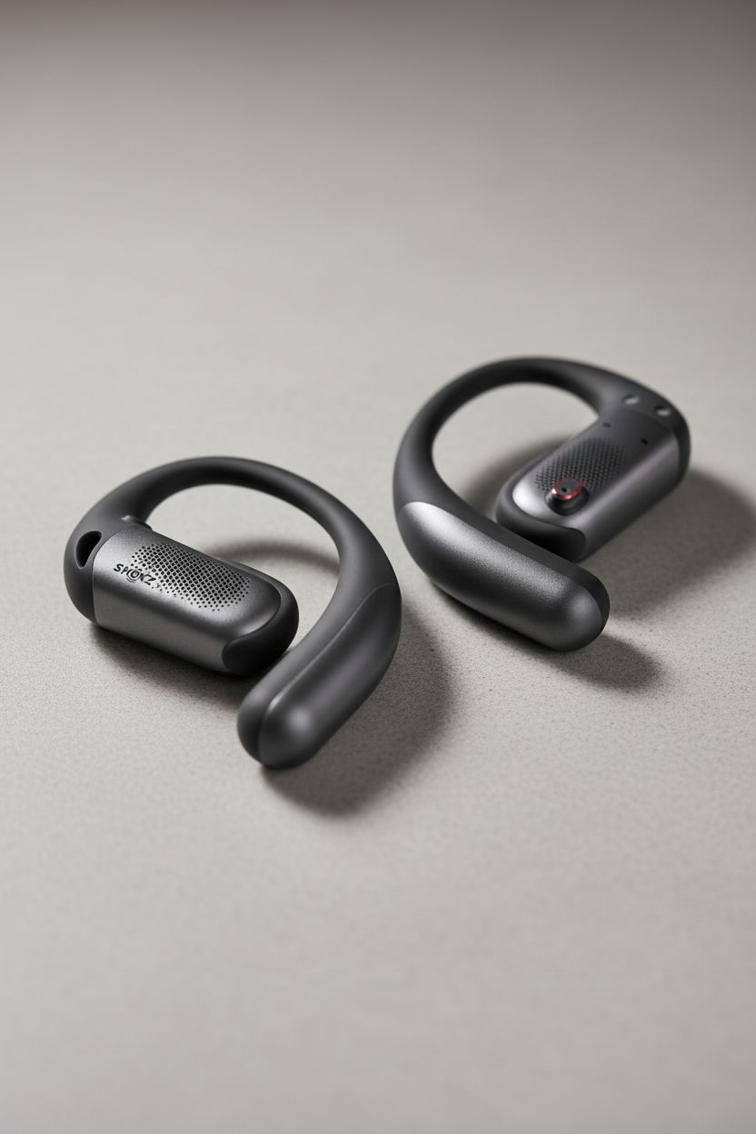 Open-ear wireless earbuds in sleek black finish, showing charging case and multiple angles — view 1