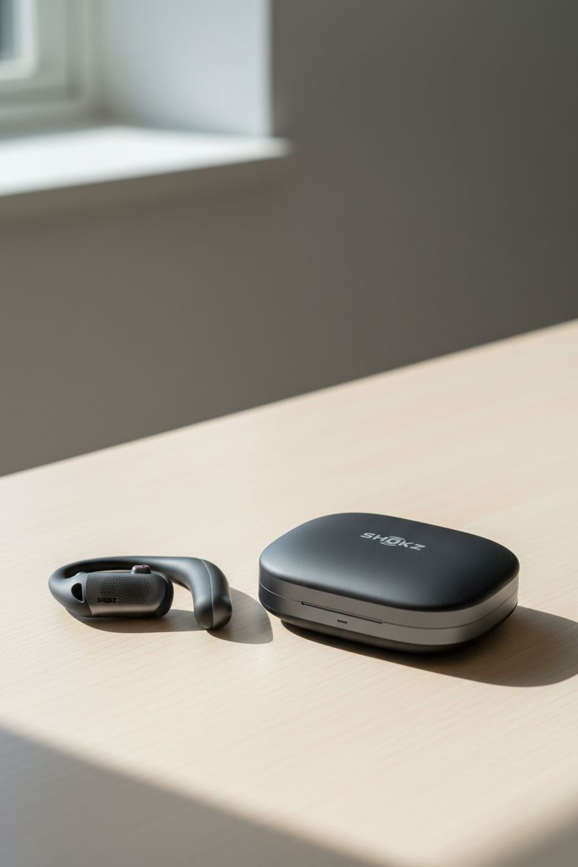 Open-ear wireless earbuds in sleek black finish, showing charging case and multiple angles — view 2