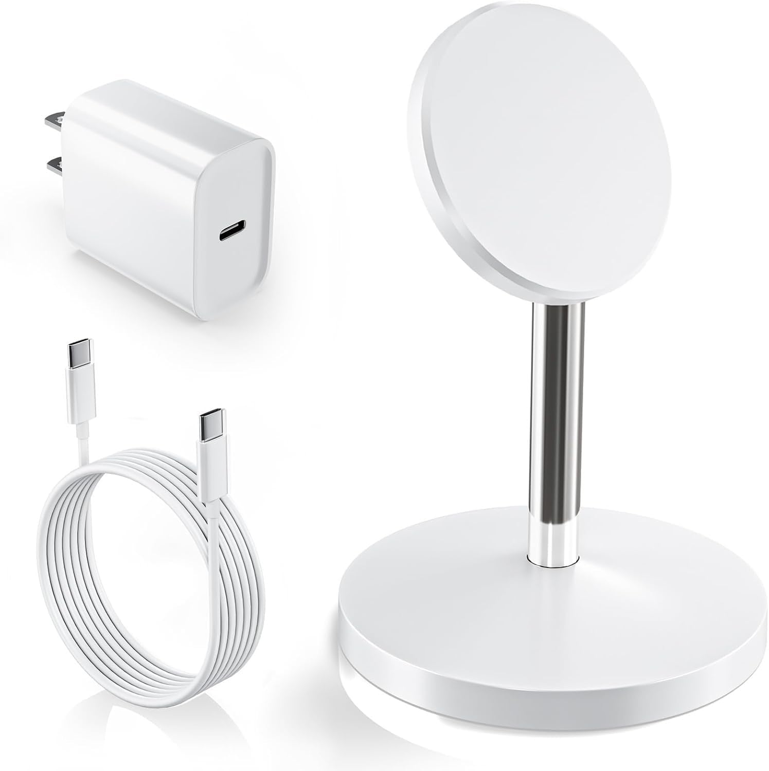 Sleek magnetic wireless charging stand in [finish] with iPhone docked, USB-C cable included — front