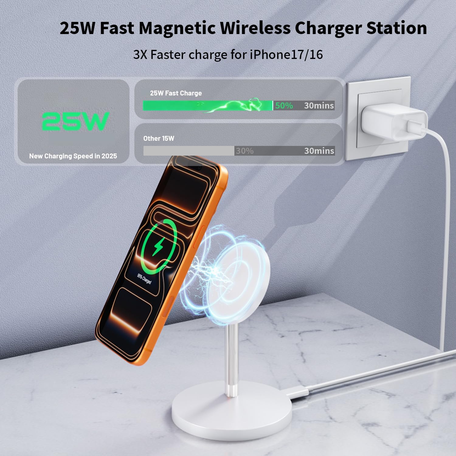 Sleek magnetic wireless charging stand in [finish] with iPhone docked, USB-C cable included — side