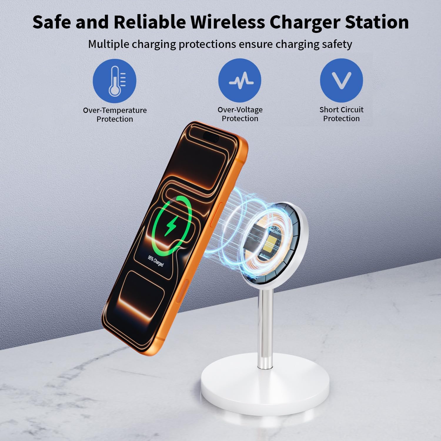 Sleek magnetic wireless charging stand in [finish] with iPhone docked, USB-C cable included — back