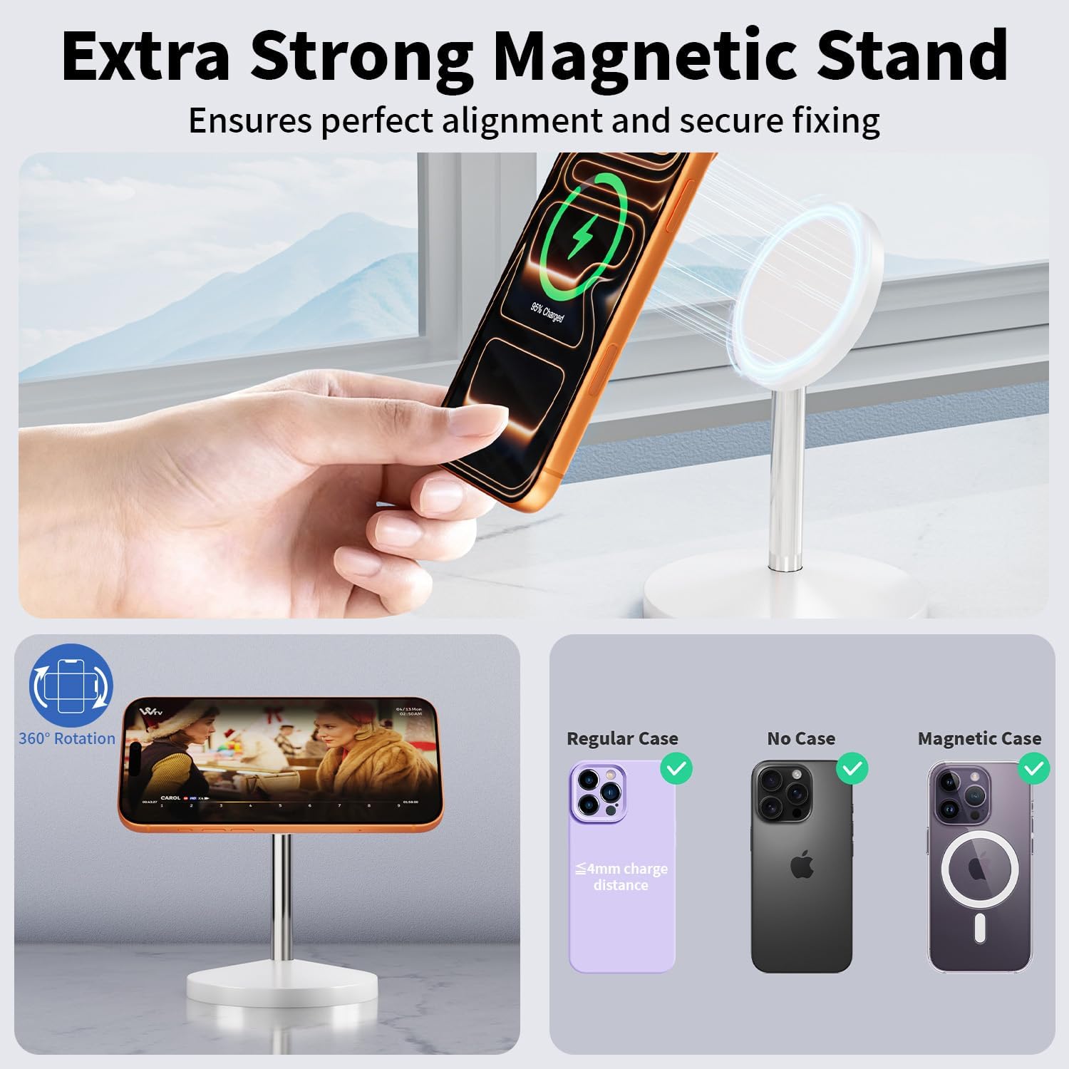 Sleek magnetic wireless charging stand in [finish] with iPhone docked, USB-C cable included — detail
