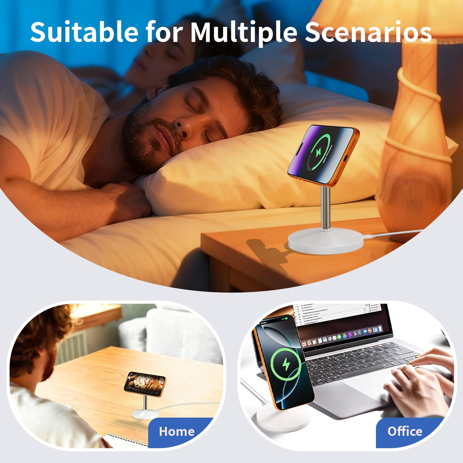 Sleek magnetic wireless charging stand in [finish] with iPhone docked, USB-C cable included — view 2