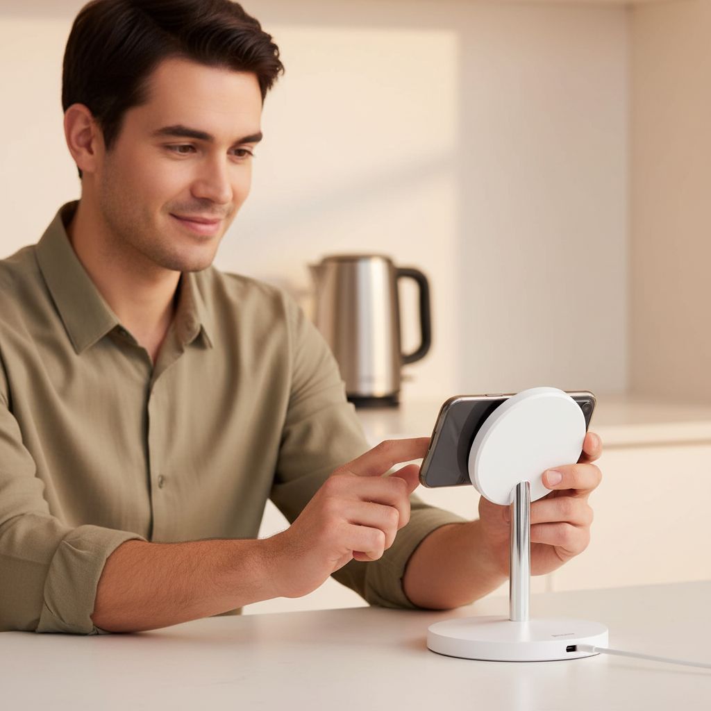 Sleek magnetic wireless charging stand in [finish] with iPhone docked, USB-C cable included — view 2