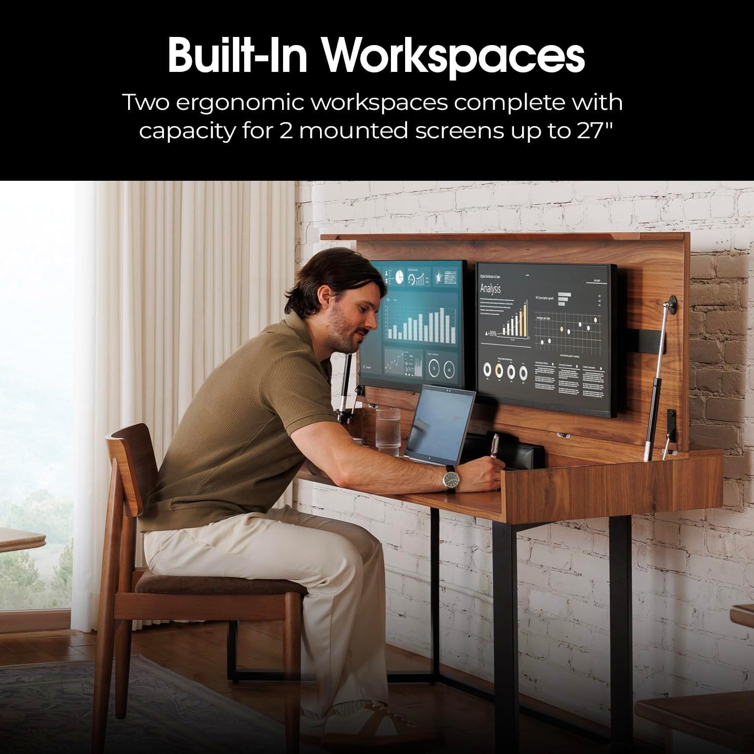 Space-saving transformer dining table in royal brown, converting to work desk with storage — view 2