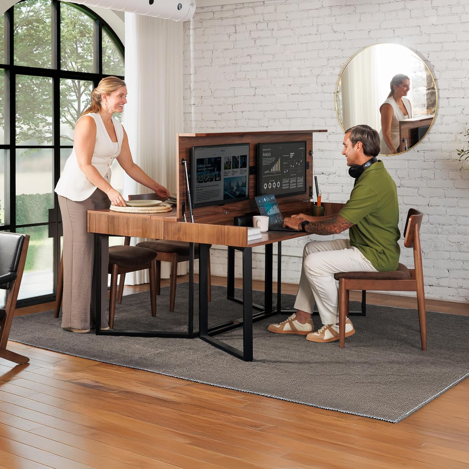 Space-saving transformer dining table in royal brown, converting to work desk with storage — view 4