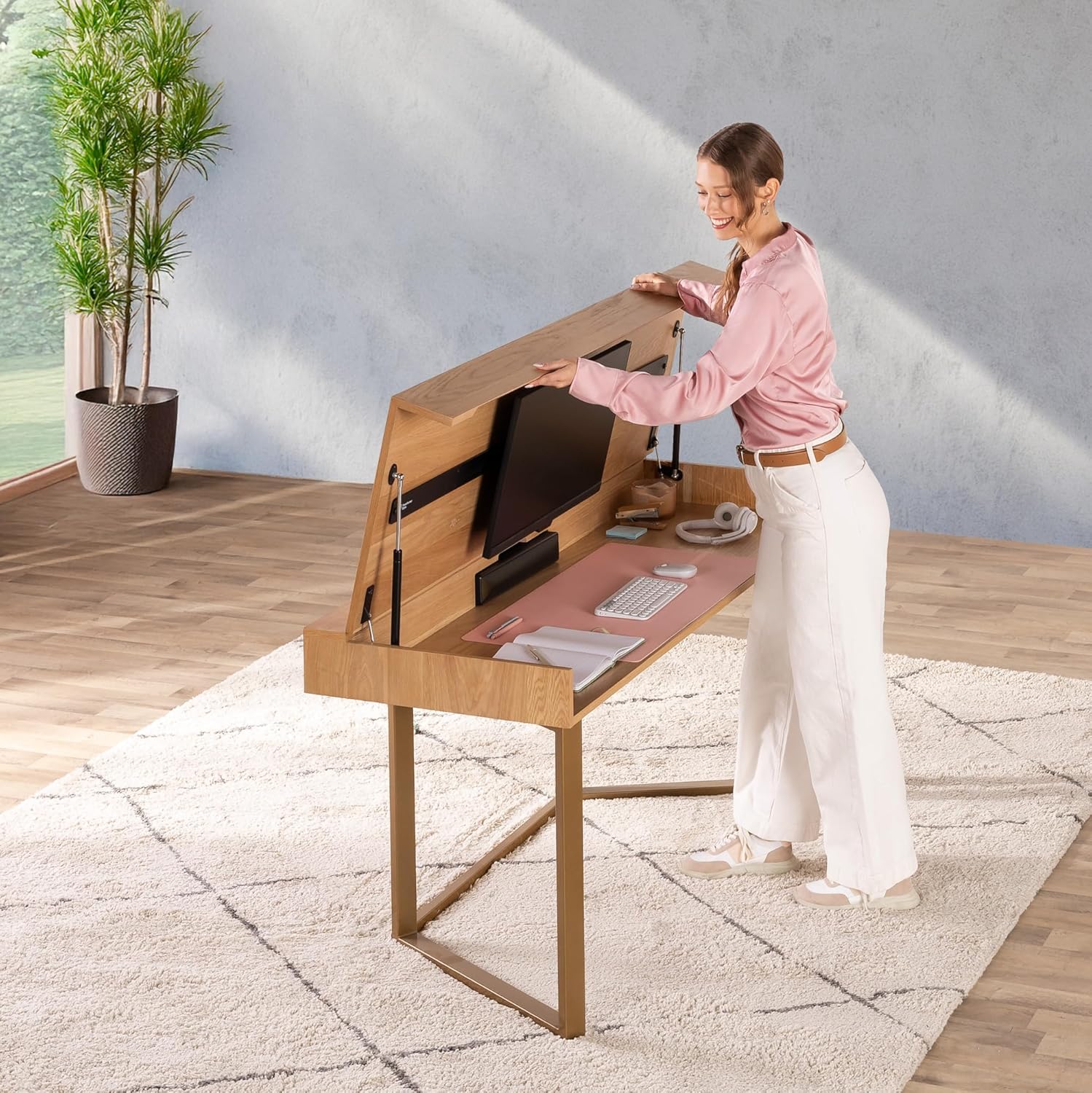 Space-saving transformer dining table in royal brown, converting to work desk with storage — view 3b