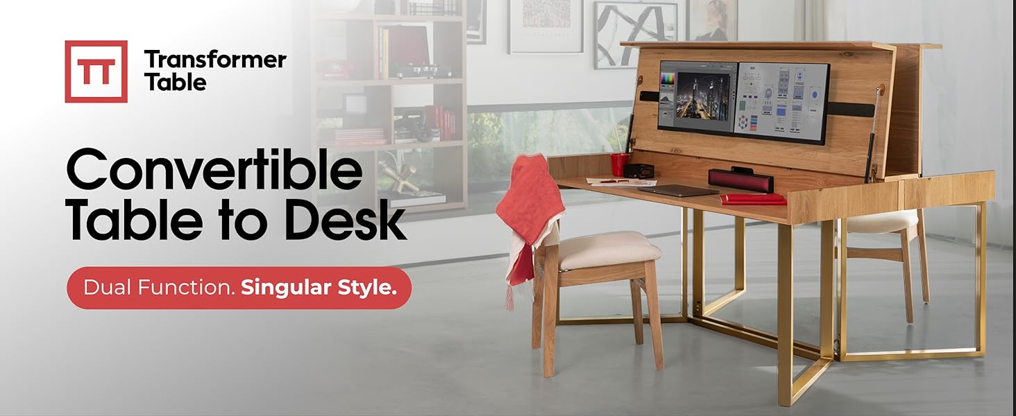 Space-saving transformer dining table in royal brown, converting to work desk with storage — view 4