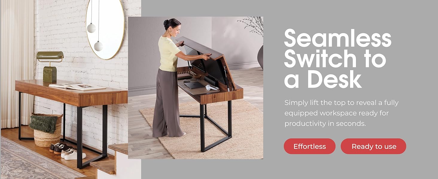 Space-saving transformer dining table in royal brown, converting to work desk with storage — view 5b