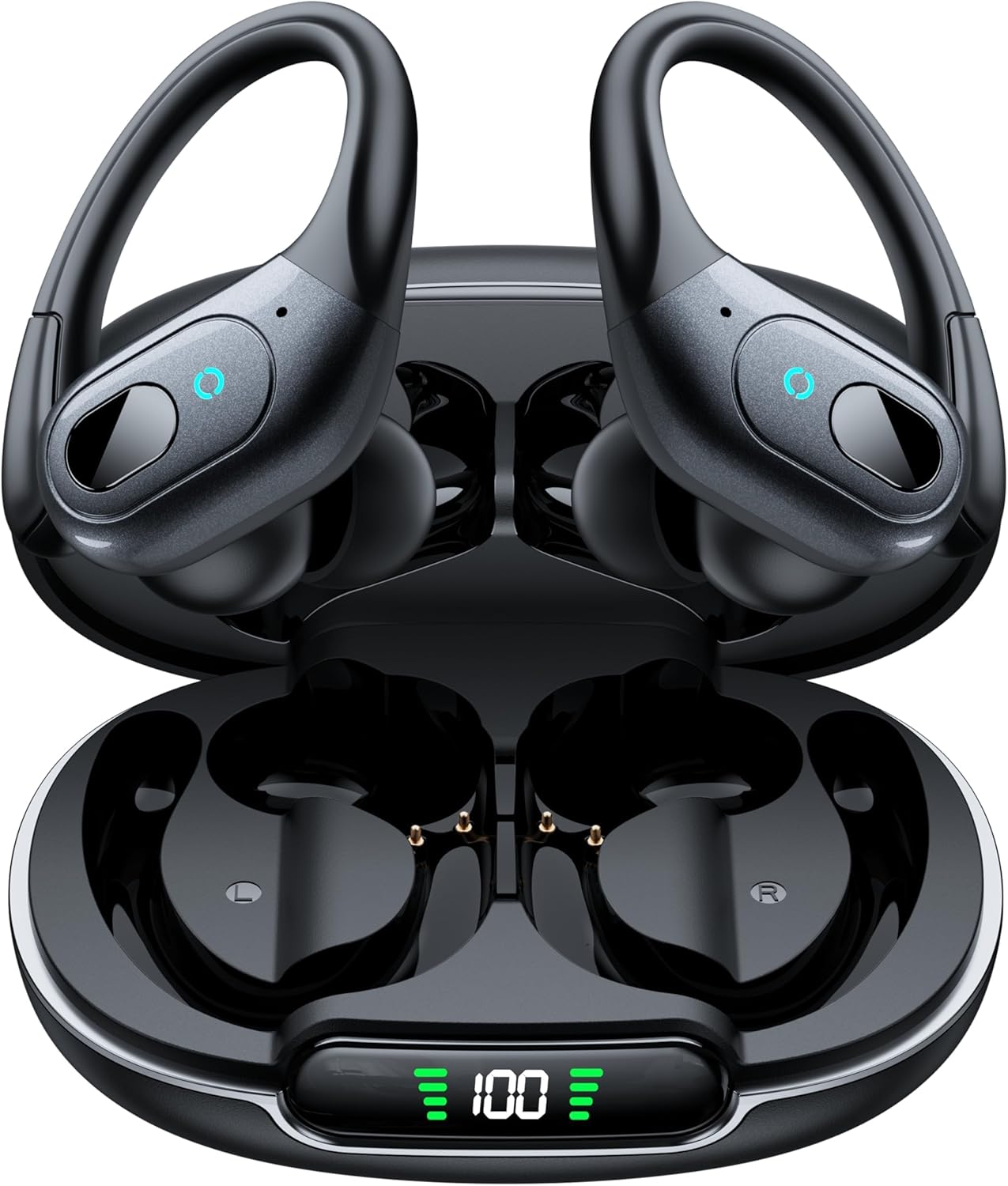 Active noise cancelling wireless earbuds with ear hooks in matte black finish, IPX7 waterproof design — view 1