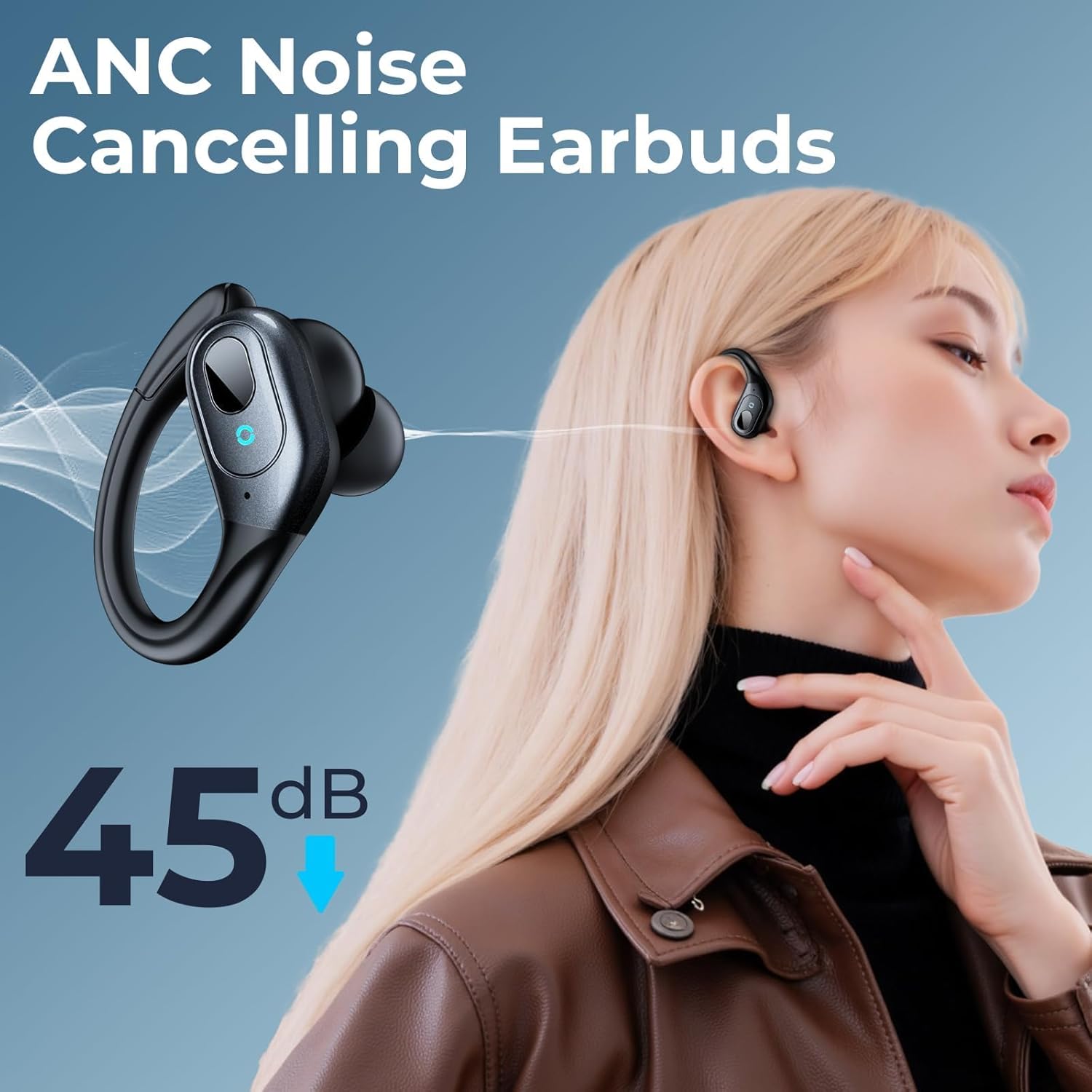 Active noise cancelling wireless earbuds with ear hooks in matte black finish, IPX7 waterproof design — view 2