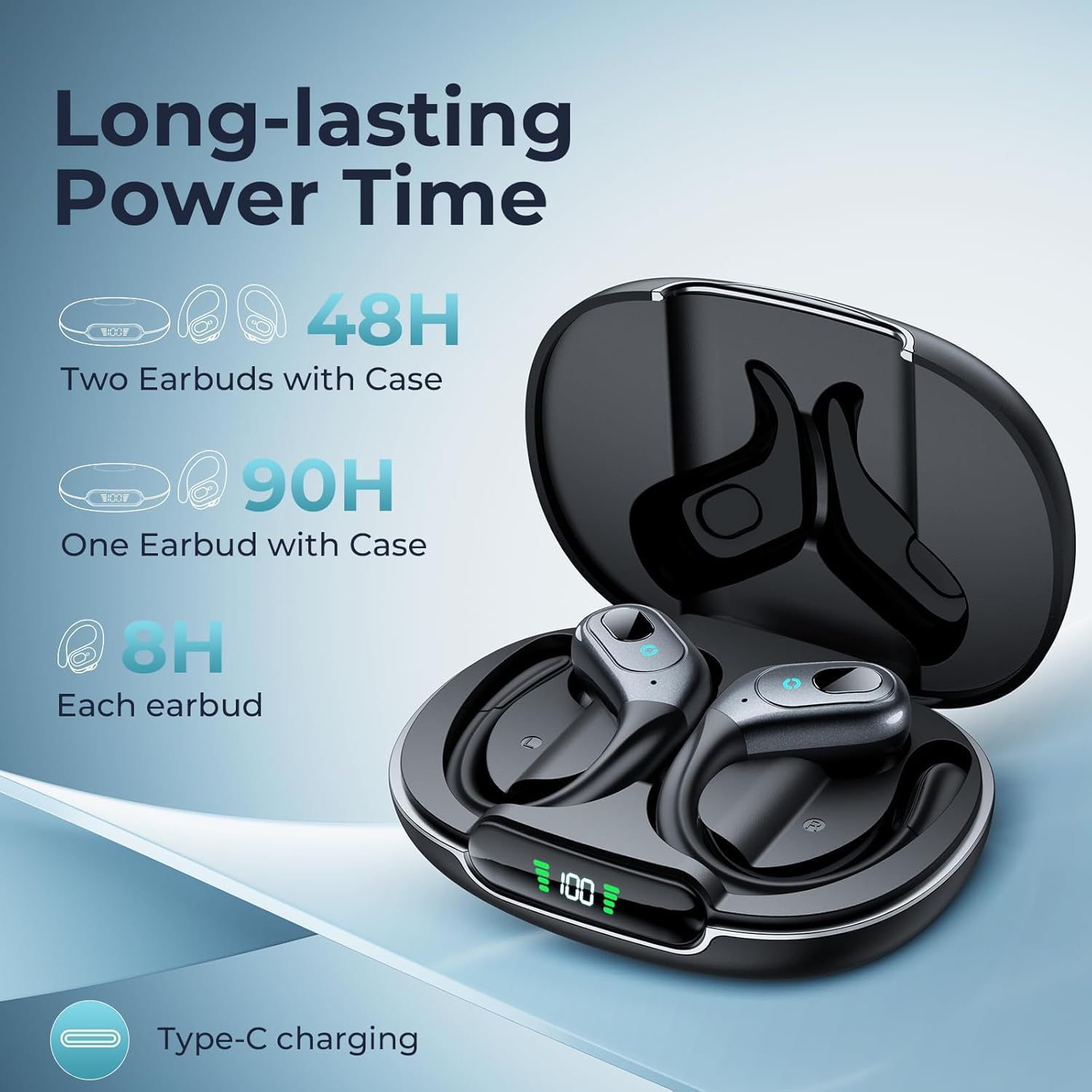 Active noise cancelling wireless earbuds with ear hooks in matte black finish, IPX7 waterproof design — view 3