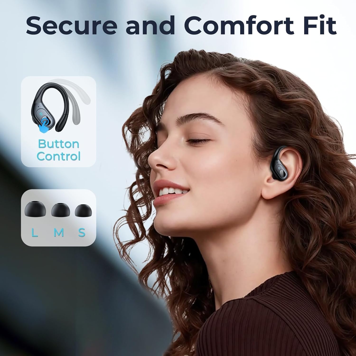 Active noise cancelling wireless earbuds with ear hooks in matte black finish, IPX7 waterproof design — view 2