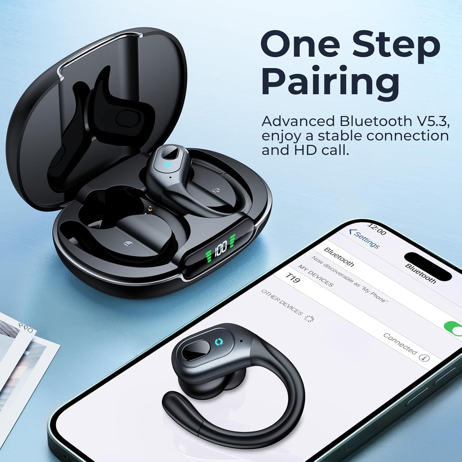 Active noise cancelling wireless earbuds with ear hooks in matte black finish, IPX7 waterproof design — view 3