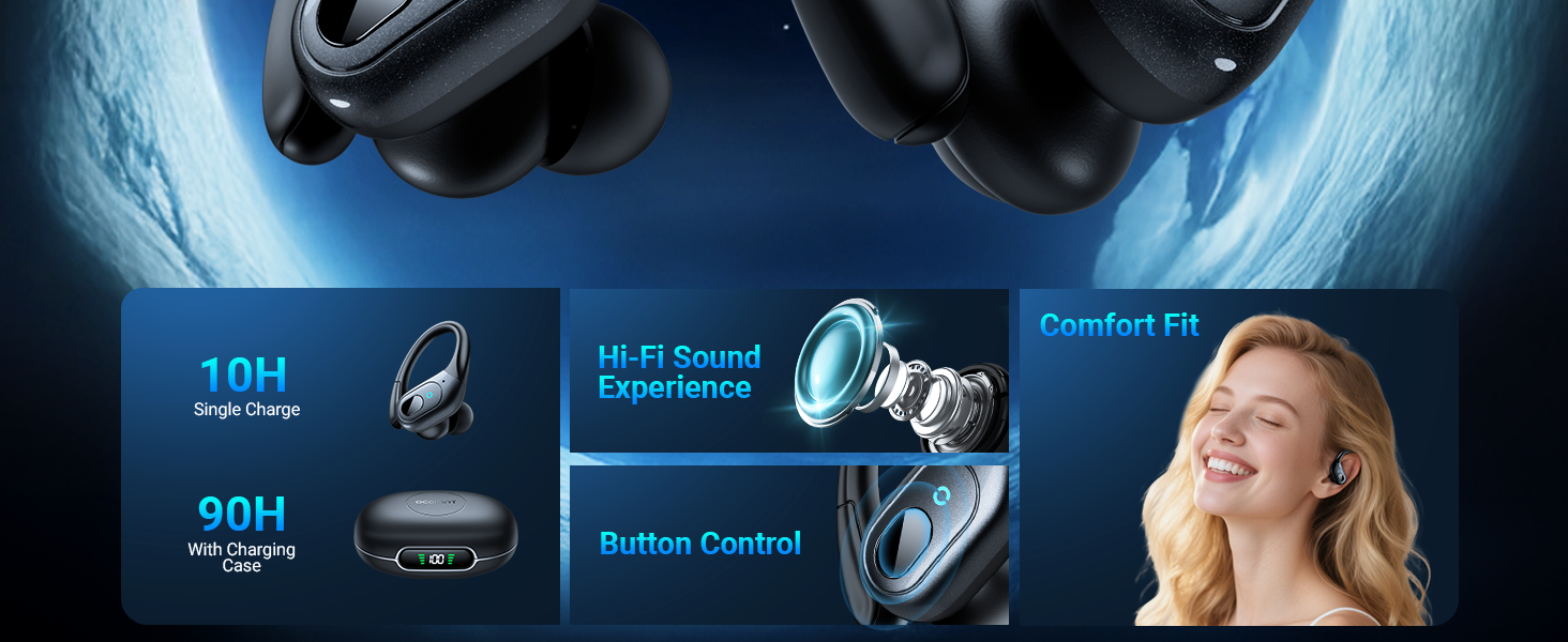 Active noise cancelling wireless earbuds with ear hooks in matte black finish, IPX7 waterproof design — view 3a
