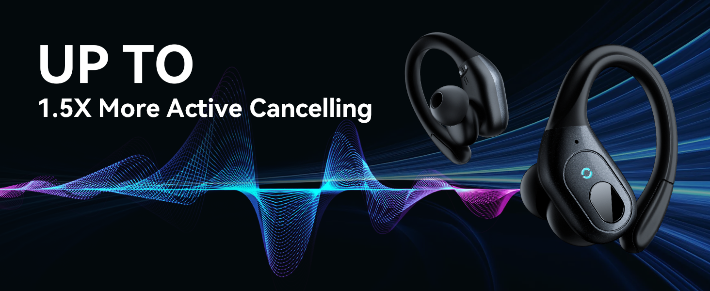 Active noise cancelling wireless earbuds with ear hooks in matte black finish, IPX7 waterproof design — view 3b
