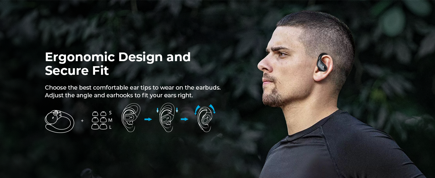 Active noise cancelling wireless earbuds with ear hooks in matte black finish, IPX7 waterproof design — view 5a