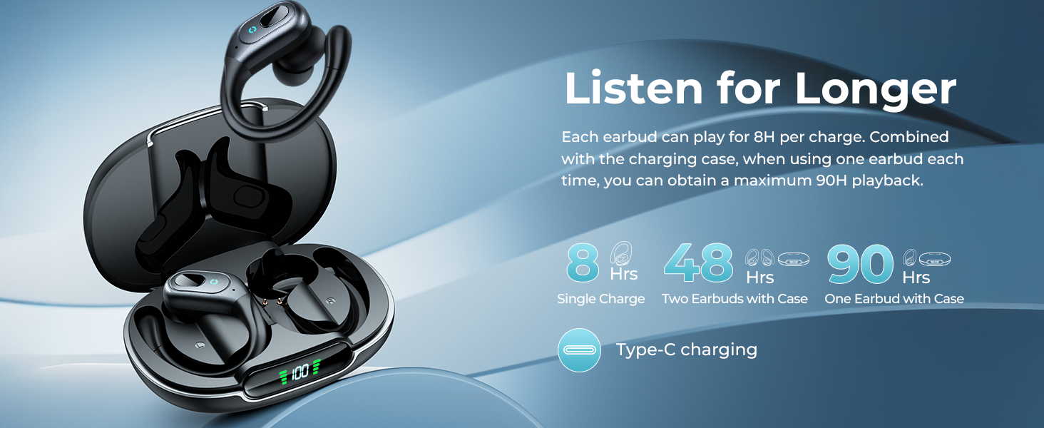 Active noise cancelling wireless earbuds with ear hooks in matte black finish, IPX7 waterproof design — view 5b