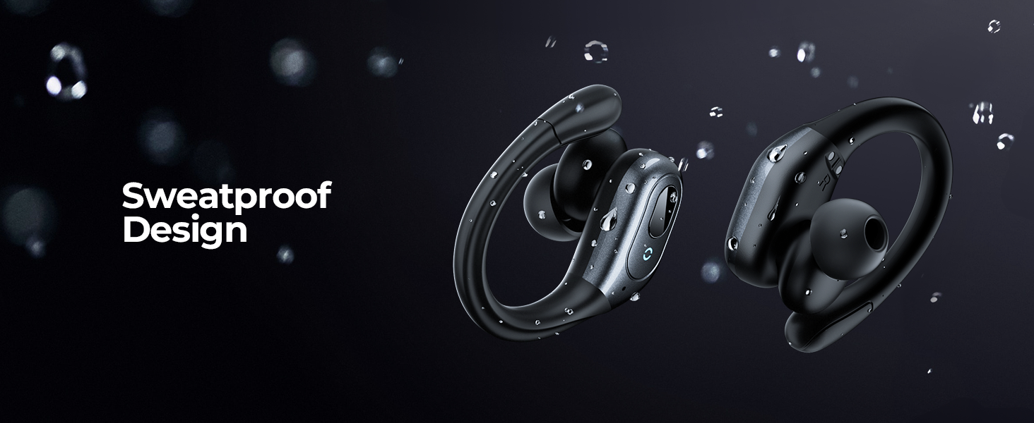 Active noise cancelling wireless earbuds with ear hooks in matte black finish, IPX7 waterproof design — view 6