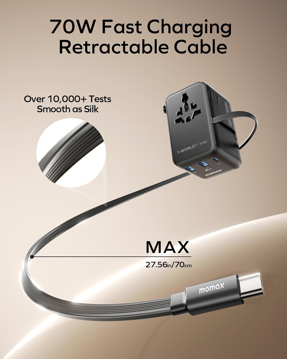 Compact universal travel adapter with retractable USB-C cable, minimalist design for international use — view 2