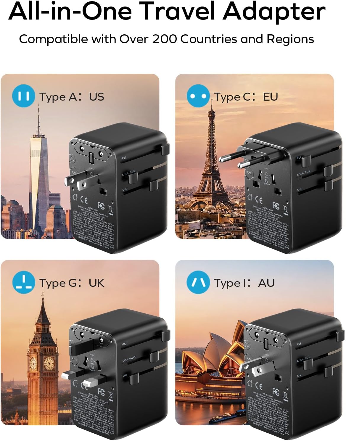 Compact universal travel adapter with retractable USB-C cable, minimalist design for international use — view 3