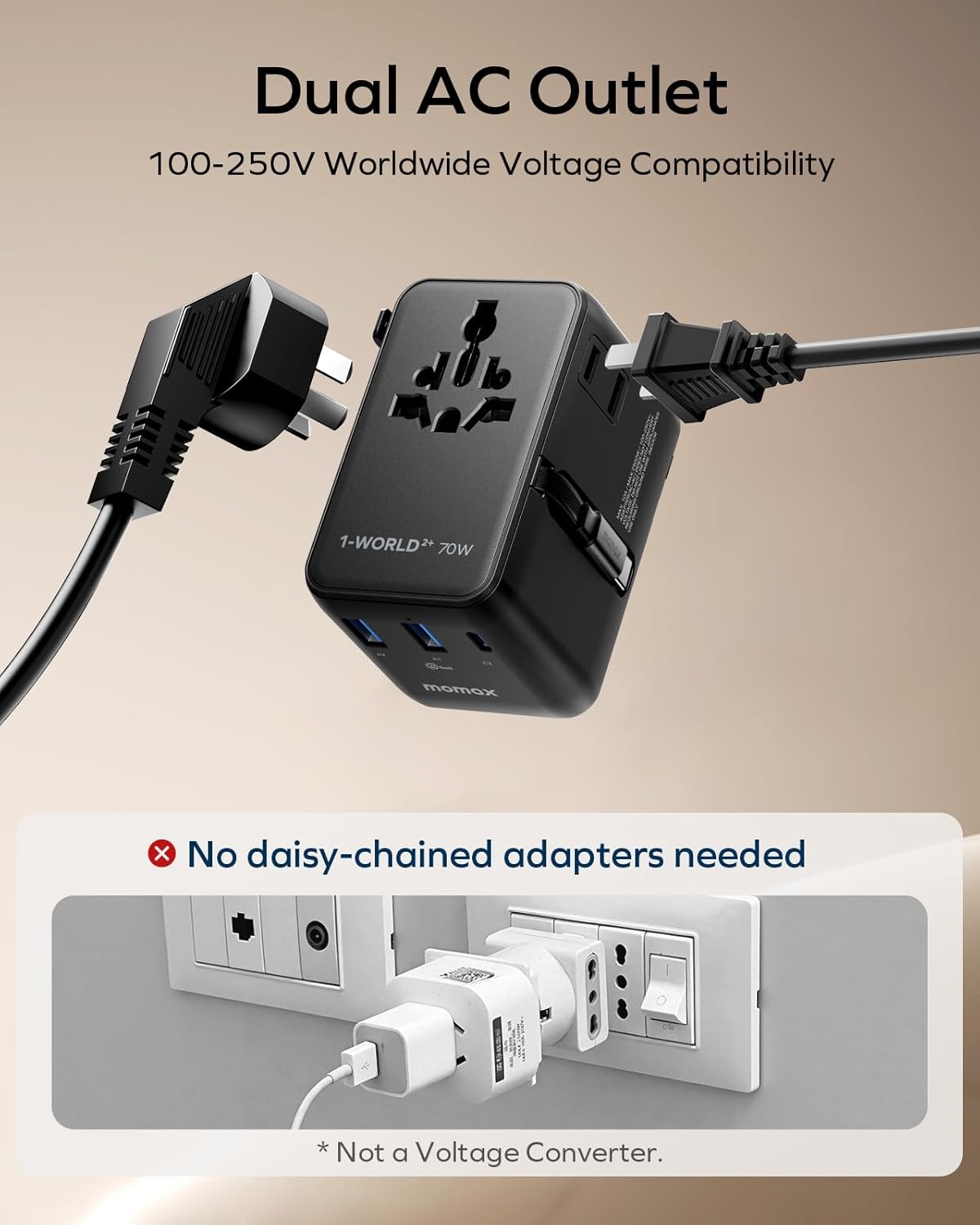 Compact universal travel adapter with retractable USB-C cable, minimalist design for international use — view 4
