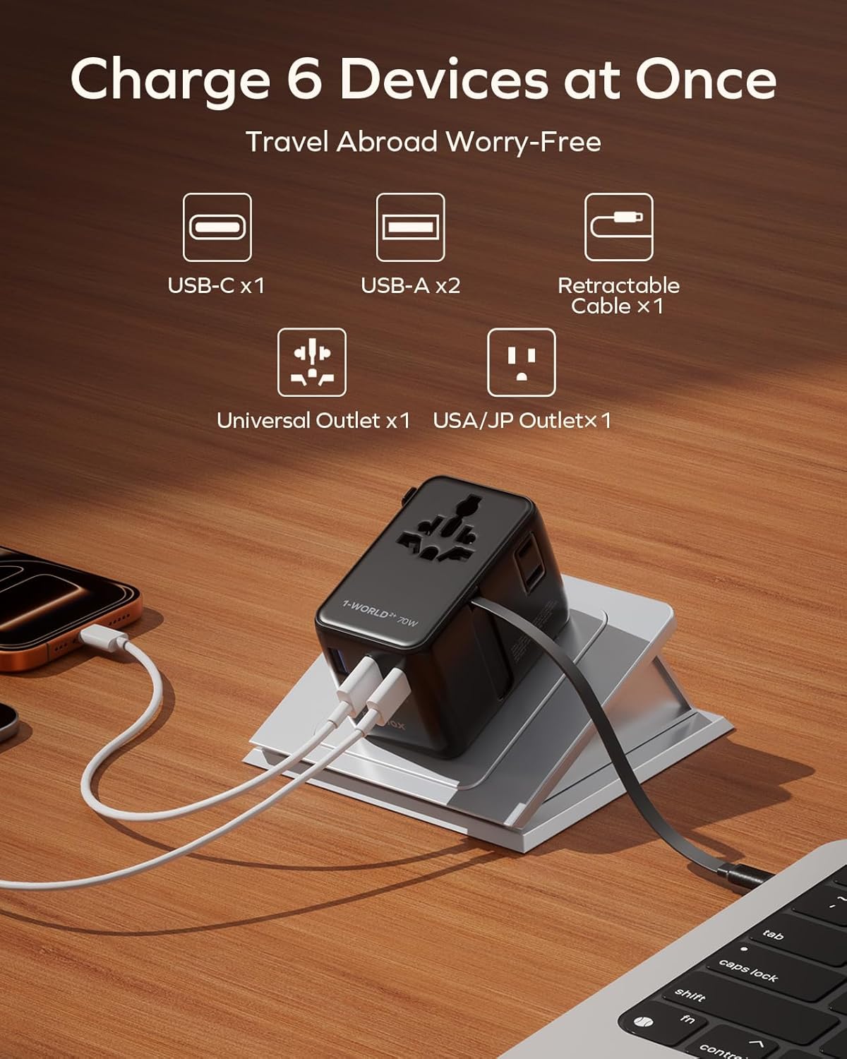 Compact universal travel adapter with retractable USB-C cable, minimalist design for international use — view 2