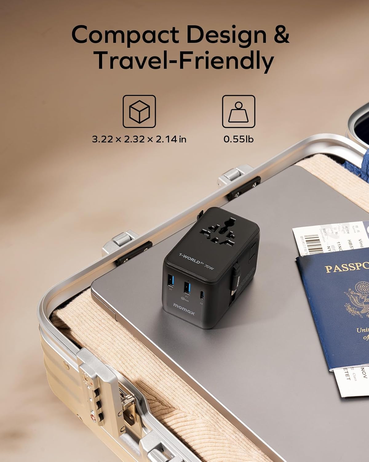 Compact universal travel adapter with retractable USB-C cable, minimalist design for international use — view 3