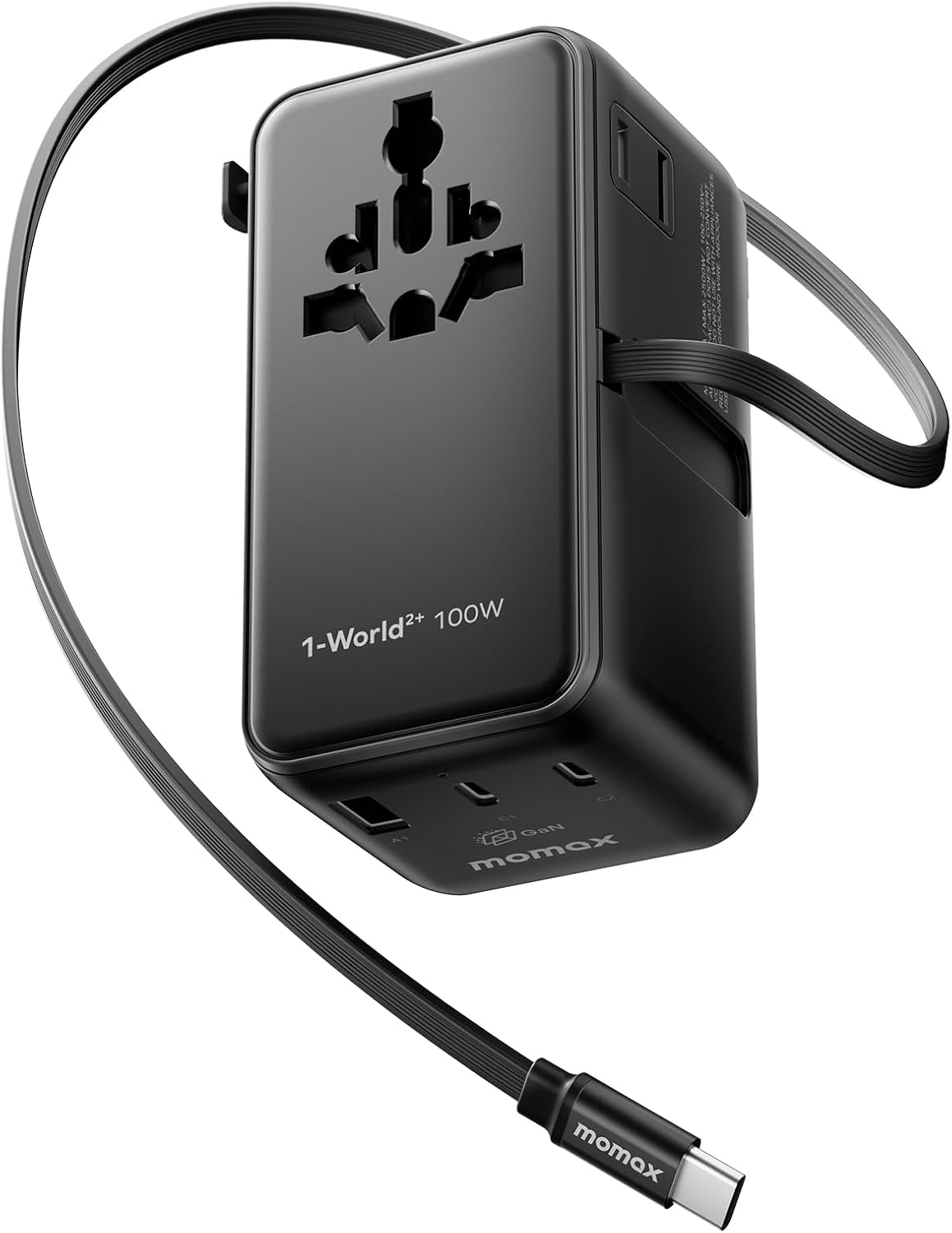 Compact universal travel adapter with retractable USB-C cable, minimalist design for international use — view 4