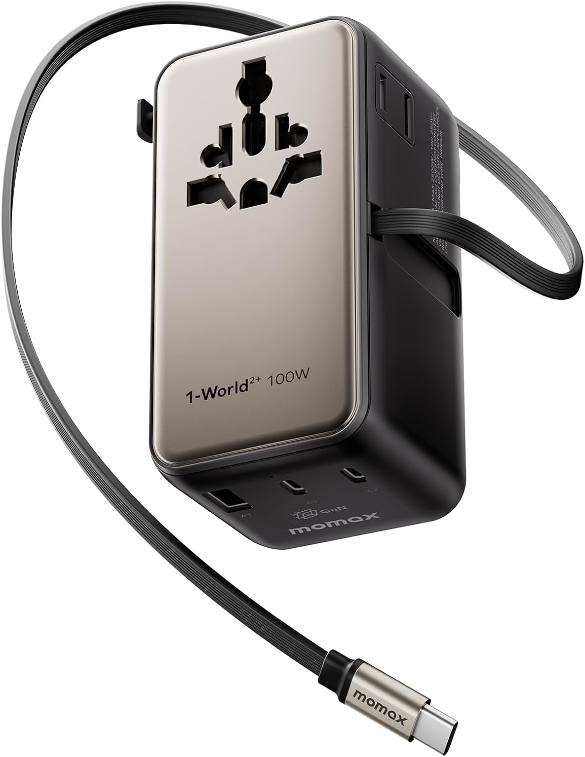 Compact universal travel adapter with retractable USB-C cable, minimalist design for international use — view 5a