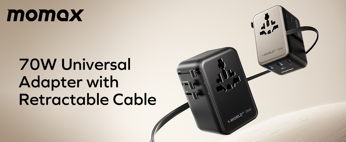 Compact universal travel adapter with retractable USB-C cable, minimalist design for international use — view 5b