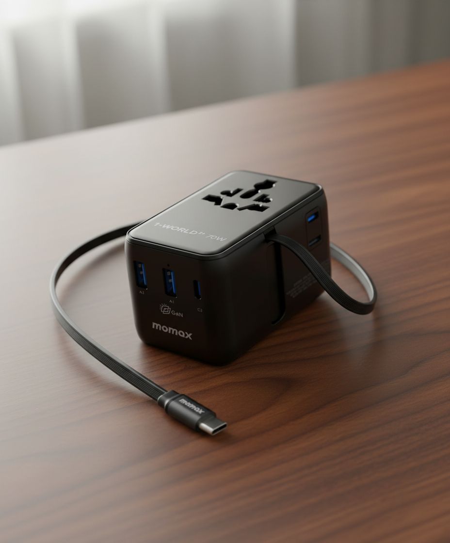 Compact universal travel adapter with retractable USB-C cable, minimalist design for international use — view 1